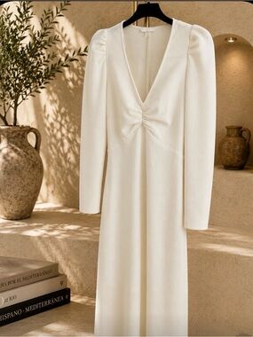 H&M White Textured Long Sleeve Midi Dress | NWT | Size XS